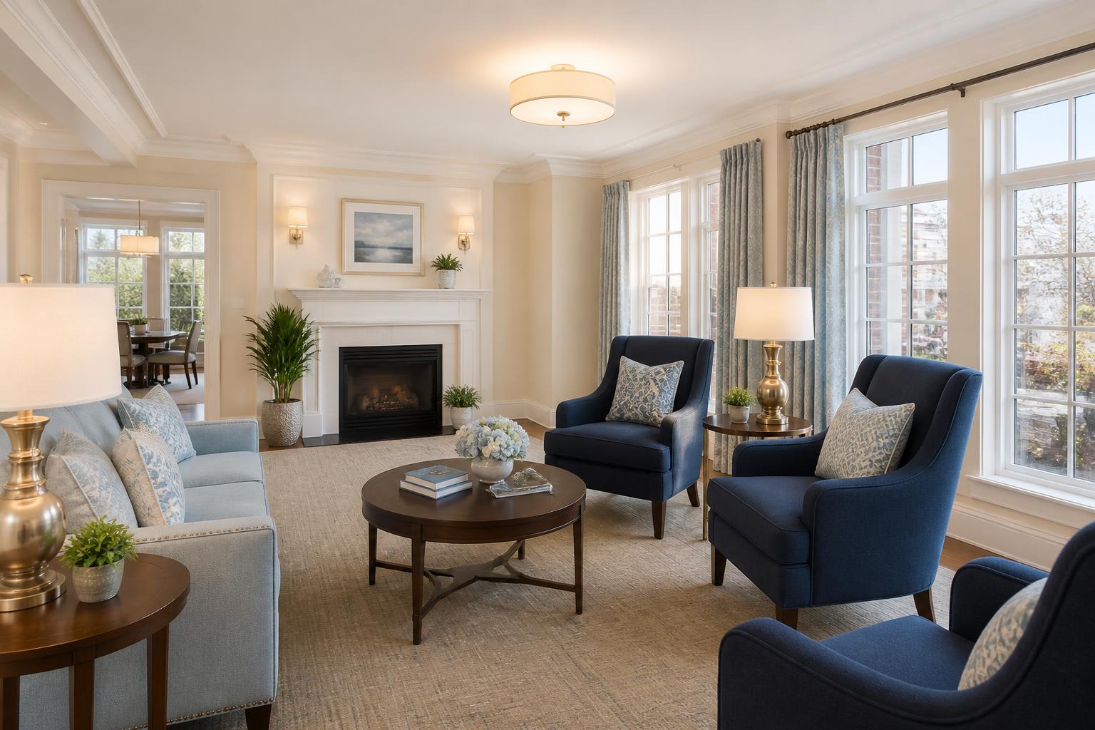 Bright shared living room with navy seating